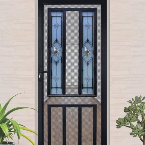A decorative heritage security screen door, with custom design, stainless steel mesh and aluminium panel.